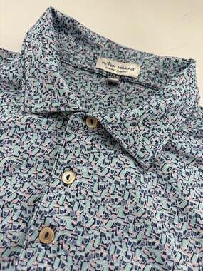 Peter Millar Mens L Polo Navy Mint Pink Cocktail Print Watersound Club Golf